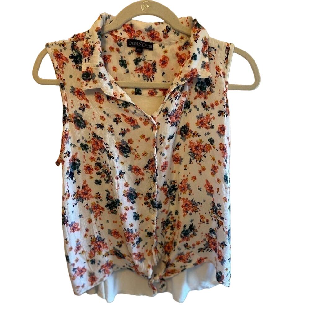 Sheer Floral Tie-Hem Sleeveless Blouse in Cream and Orange by BUAL/BUA